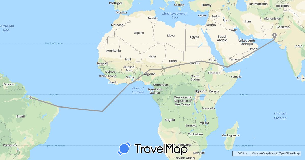 TravelMap itinerary: driving, plane in Brazil, Ghana, Nigeria, Oman, Pakistan, Sudan, Saint Helena, Yemen (Africa, Asia, South America)
